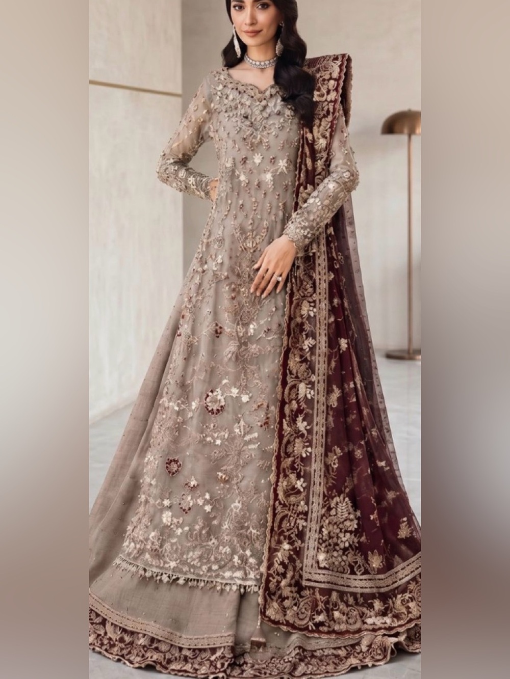 Boutique Taupe Embroidered long shirt with lengha with Maroon Dupatta